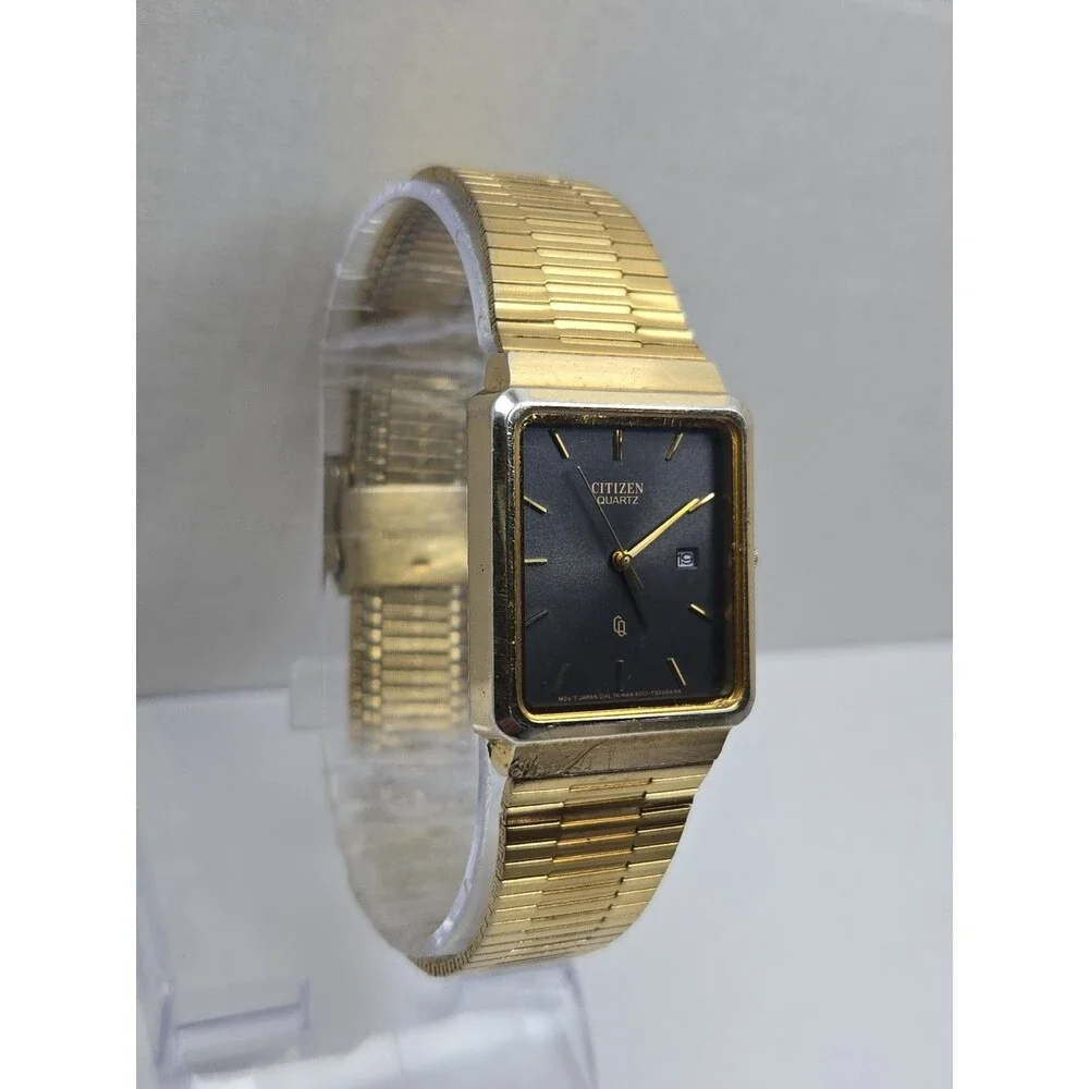 Vintage Citizen Mens Quartz Gold Tone Tank Black Dial Calendar Watch New Battery
